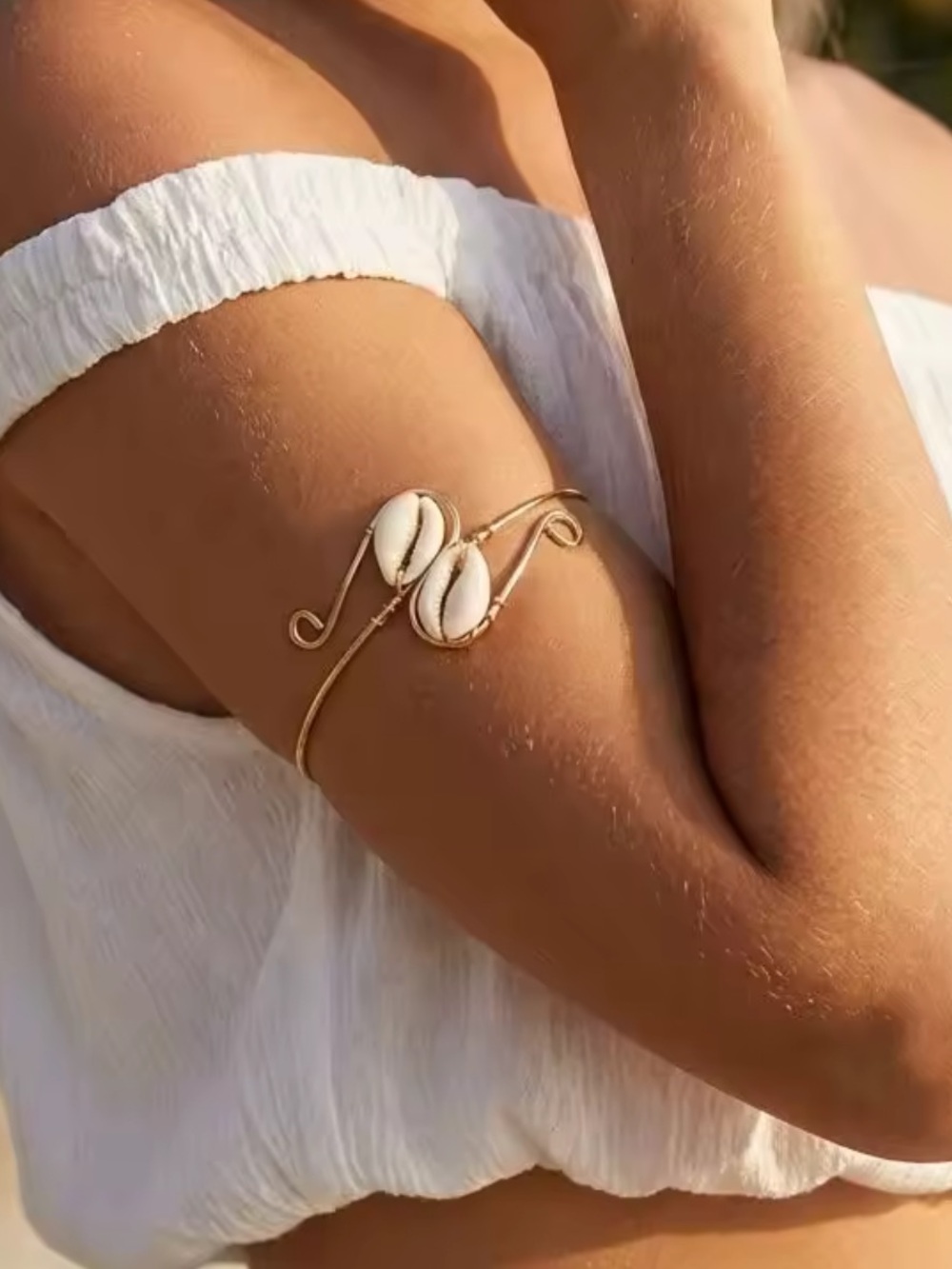 Gold Cowrie Shell Arm Cuff - White & Gold Beach Bracelet